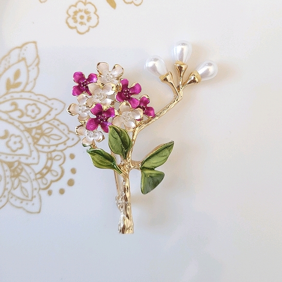 14k Gold Plum Blossoms Spring Branch Pearl Brooch Pin NWT - Picture 3 of 7
